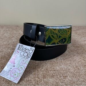 The Twisted Cow NWT Leather Resin/Galapagos Black/Green Belt Women’s Size 38-43